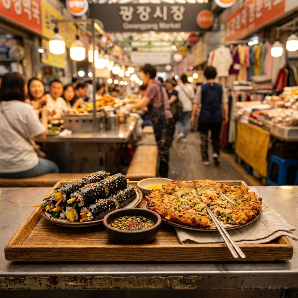 Busy stalls at Gwangjang Market in Seoul