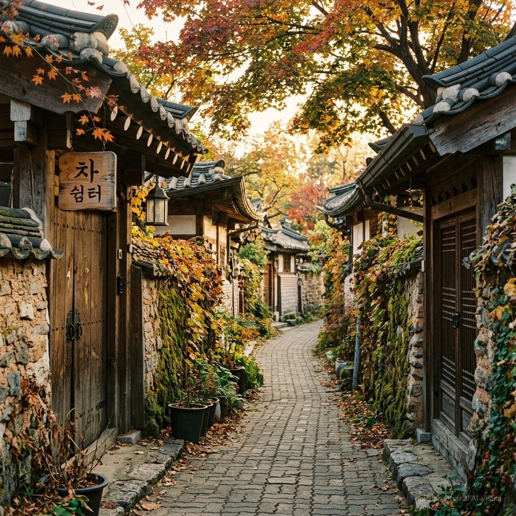A narrow stone alleyway in Bukchon Hanok Village leading to a hidden tea house