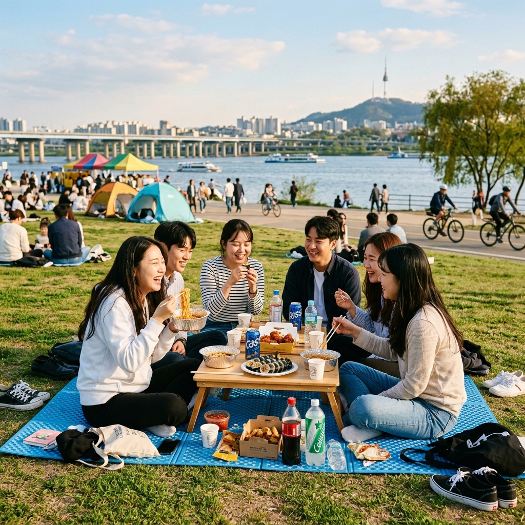 한강 라면 피크닉 공원 돗자리 풍경