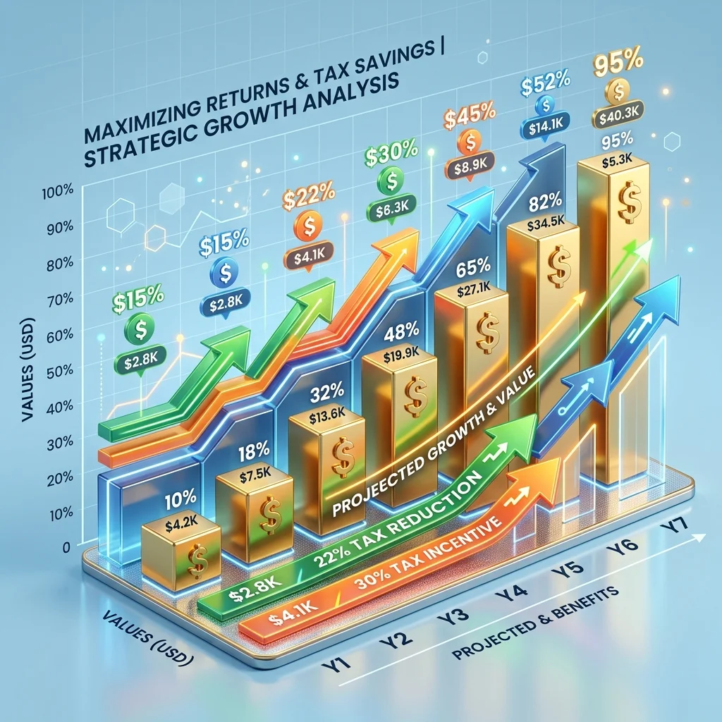 A high-end 3D infographic chart illustrating tax savings and rising golden bars